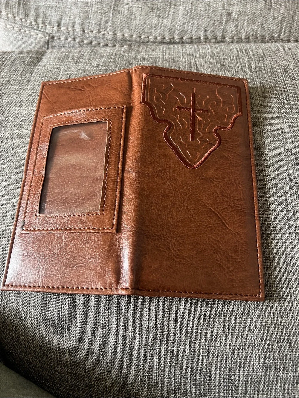Brown Leatherette Men's Checkbook Wallet with Cross Embossing